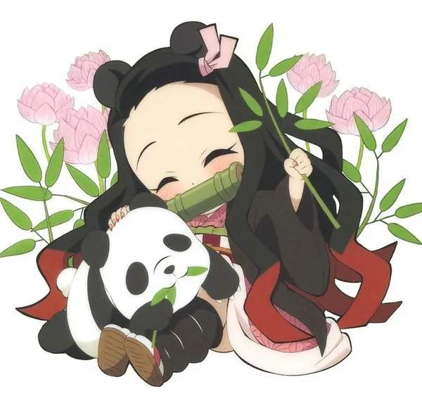 Ảnh Nezuko chibi ôm gấu trúc