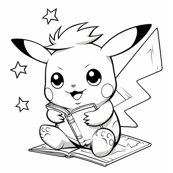 Ảnh tô màu Pikachu đọc sách dễ vẽ