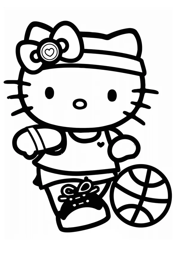 Ảnh tô màu con mèo Hello Kitty đá bóng cho bé