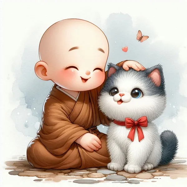 Hình chú tiểu chibi vuốt lông mèo trắng