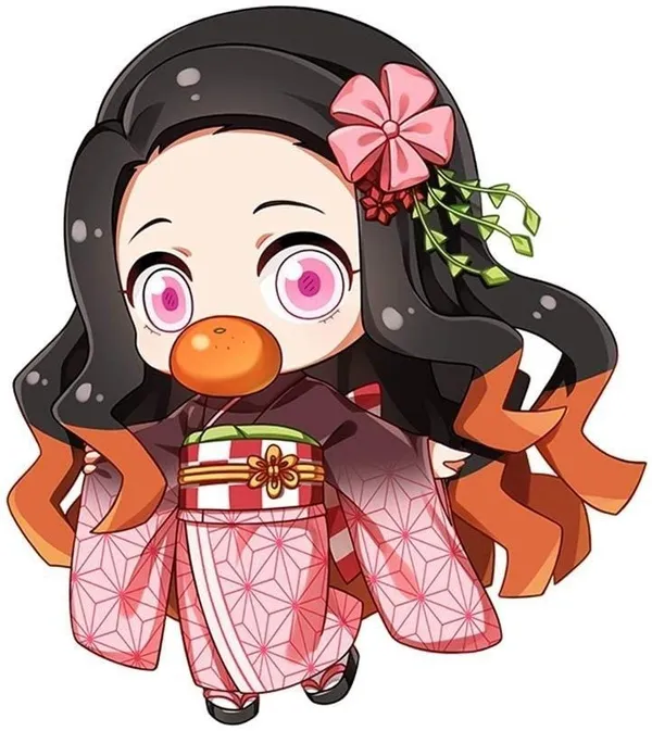 Hình nền Nezuko chibi ngậm quả cam đáng yêu