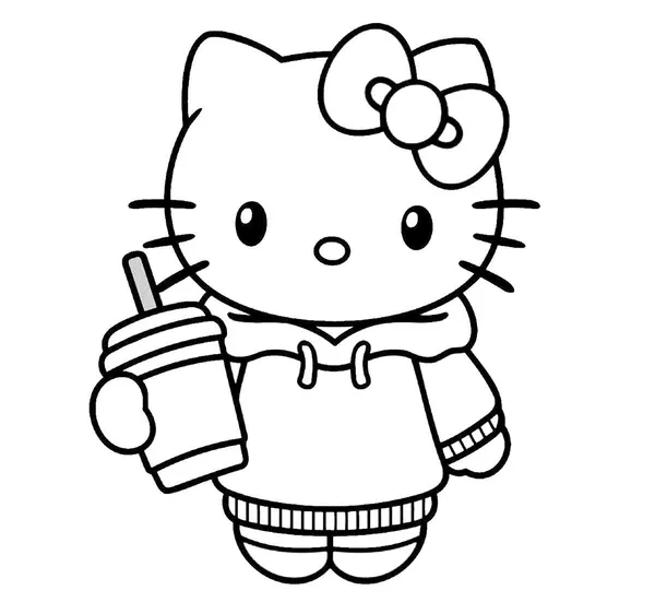 Hình tô màu Hello Kitty cầm trà sữa đáng yêu