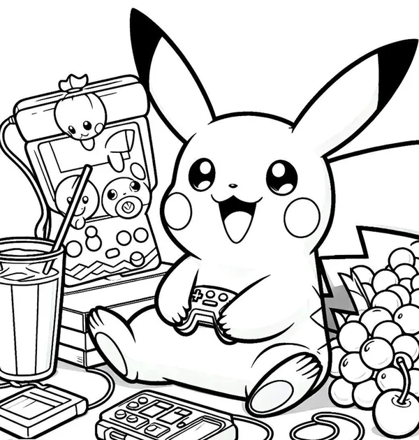 Hình tranh tô màu Pikachu chơi game