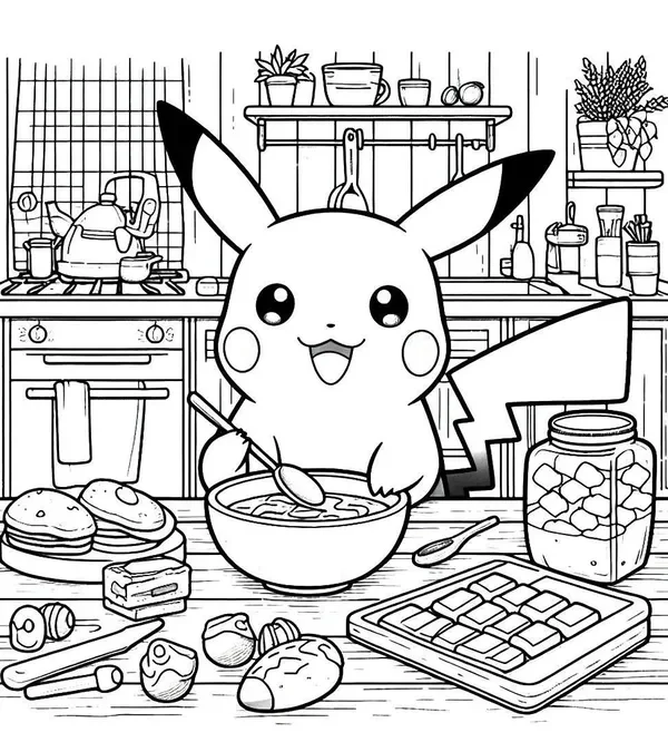 Hình tranh tô màu Pikachu nấu ăn dễ thương