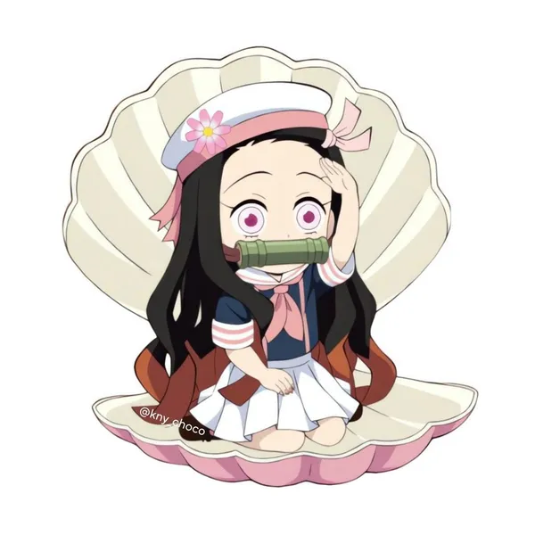 Nezuko chibi ngồi trên vỏ sò đáng yêu