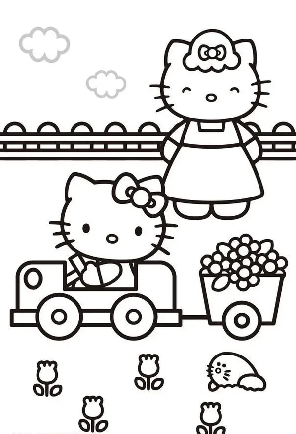 Tô màu Hello Kitty lái xe ô tô dễ vẽ