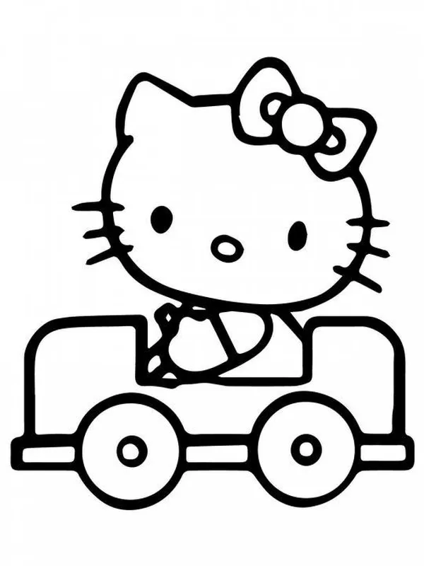 Tranh tô màu Hello Kitty ngồi ô tô cute