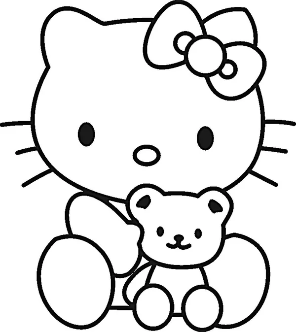 Tranh tô màu Hello Kitty ôm gấu dễ thương