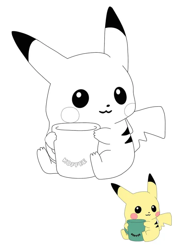 Tranh tô màu Pikachu ôm cốc