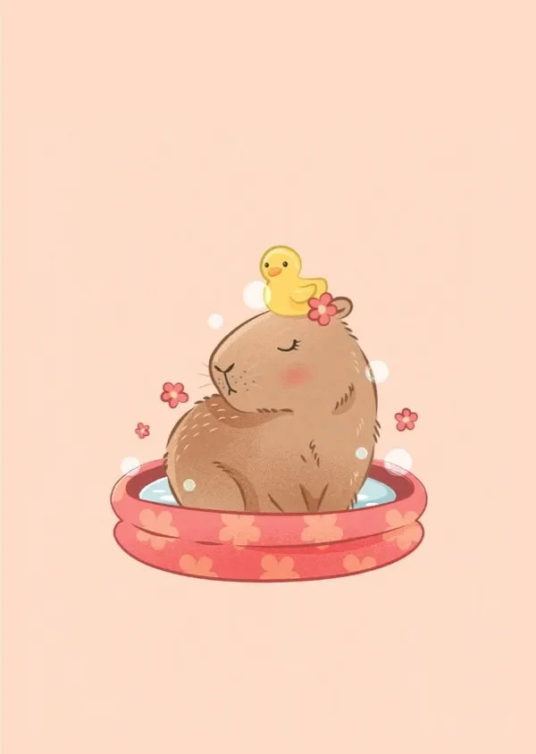 Ảnh Capybara chibi đi tắm cùng chú vịt vàng dễ thương