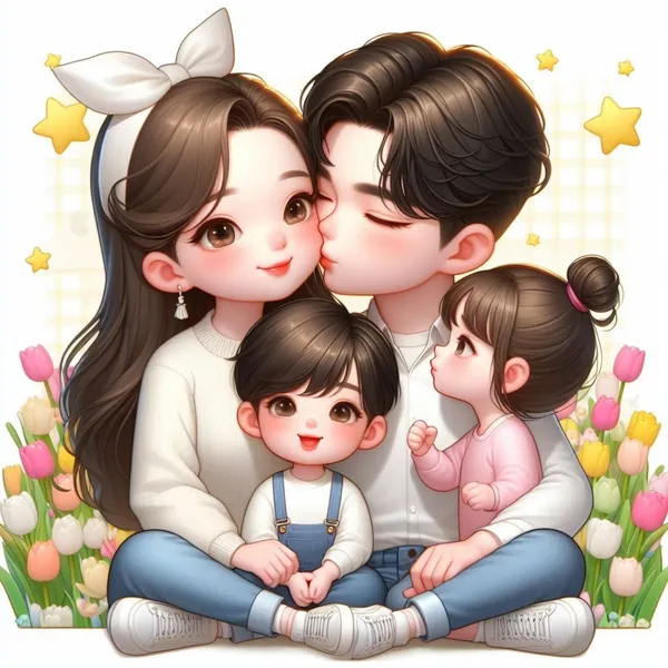 Ảnh chibi gia đình 4 người dễ thương cute